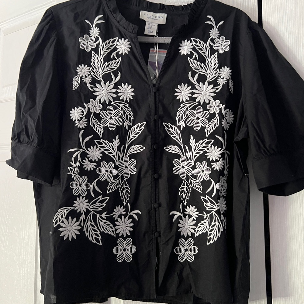 Calypso St. Barth Black Blouse with White Floral Embroidery